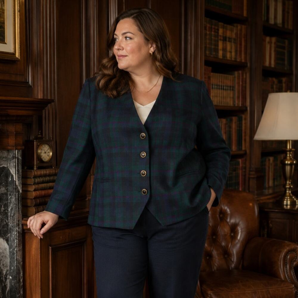 Vintage Tartan Plaid Crest Button Blazer XL Petite Made USA Old Money Heritage